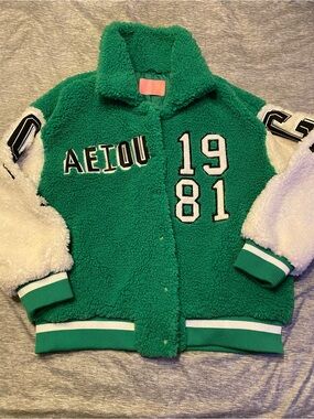 Azalea Wang - Letterman Bomber Varsity Jacket Coat Sz S Green & White Fleece NWT